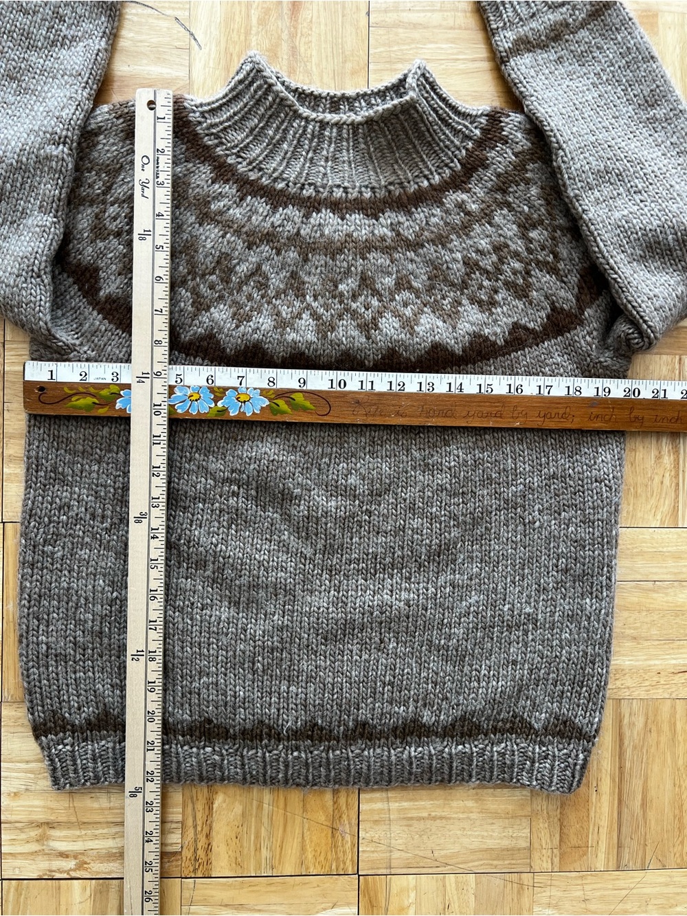 Vintage Hand Knit Wool Lopapeysa Sweater Brown Chunky Nordic Fair Isle Yoke Pull - Picture 5 of 5